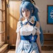 Griseo，Honka，Blue girl standing by window.