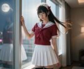 Street photography，A girl dressed up as a sailor standing in front of the window.