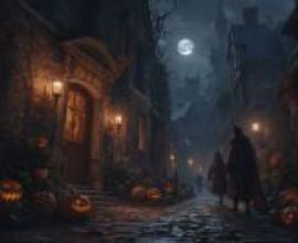 A dark and eerie alleywayHalloween decorations on the outside of a building at night.