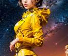Mobile wallpaper， Faye Valentine， Cowboy Bebop， realistic， girl in a yellow hooded jacket.