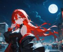 Under the moon，A woman with red hair in a city at night.