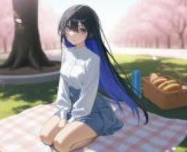 樹下野餐，一個女孩坐在地上，一條腿彎曲著。