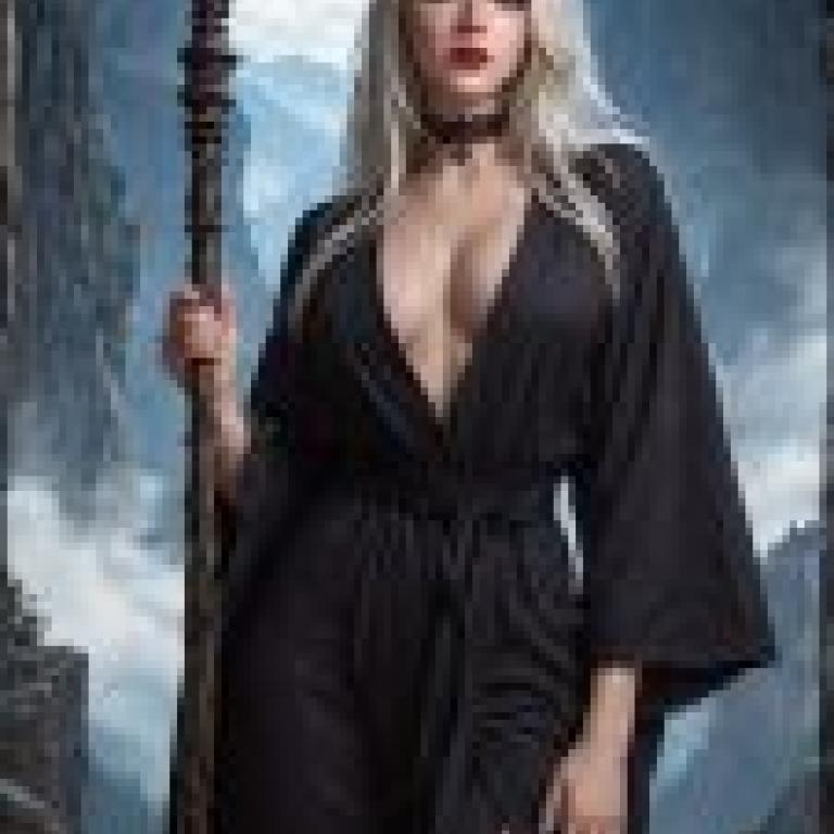 The witch in the mountains，A blonde woman in black holding a staff.