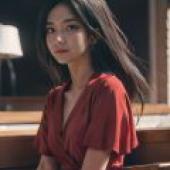 卡特莉亞·波德萊爾·維奧萊特·伊芙加登，一個穿著紅色襯衫、有著棕色長髮的女孩正坐著。