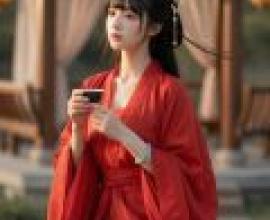 夢中的古代美人，一位身穿紅裙的女子正在品嚐茶。