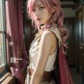 Mobile wallpaper， Lightning， Final Fantasy XIII， Realism， A girl in pink clothes is sitting by the window.