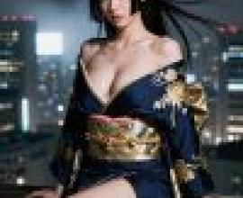 女孩們，一位黑髮藍衣女子坐在欄桿上。