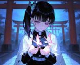 Tsuyuri Kanao，A girl standing under the torii holding the butterfly.