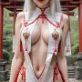 Fox Fairy Girl，A girl in a red and white outfit standing under a red arch.