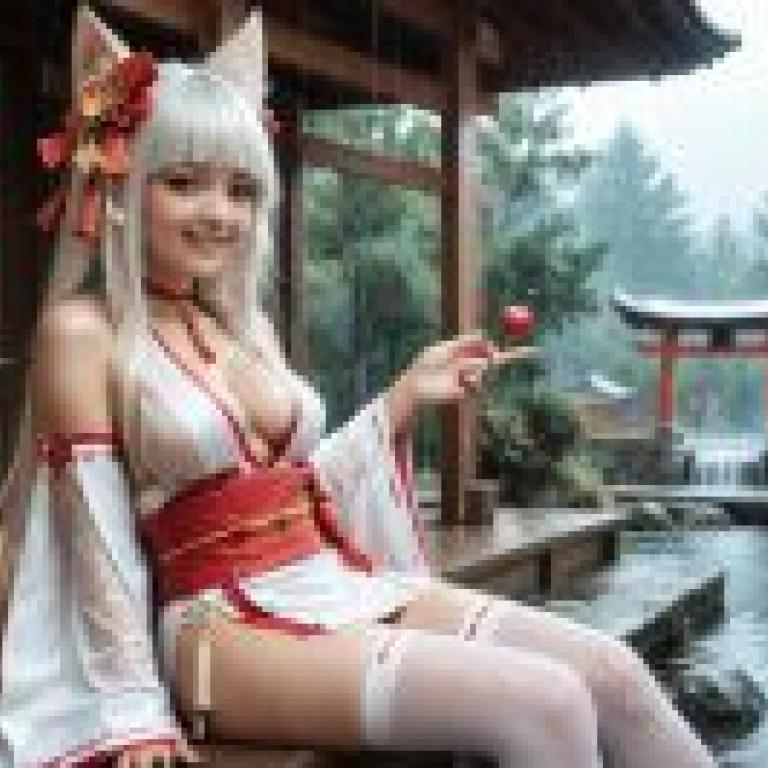 狐狸巫女，一位貓女坐在河岸上。