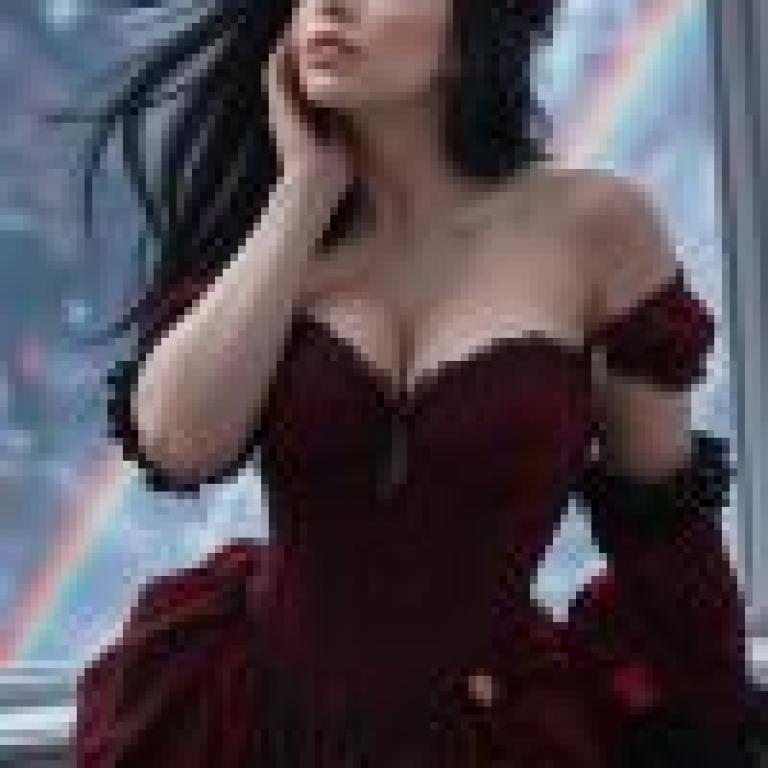Dance of the Night，A red and black dress on a woman in front of a rainbow.