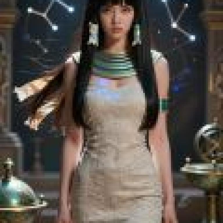 風格測試：一位身著埃及服飾的女子站在拱門附近。