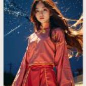 Mobile wallpaper， red traditional， realistic， a girl in red with the word wigr written above.