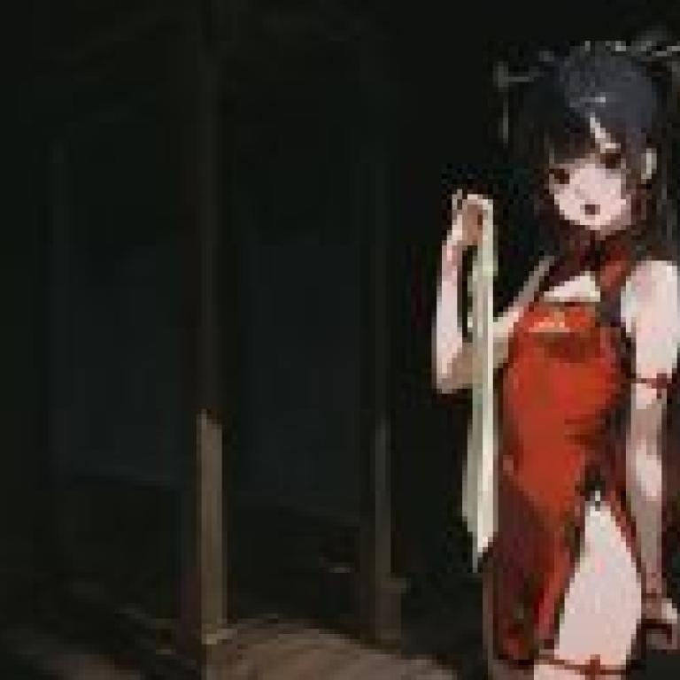 Cheongsam and giant sword Chinese style，Cartoon girl in red dress.