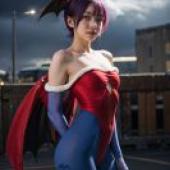 Lilith Aensland DarkstalkersWoman is wearing a red and blue outfit.