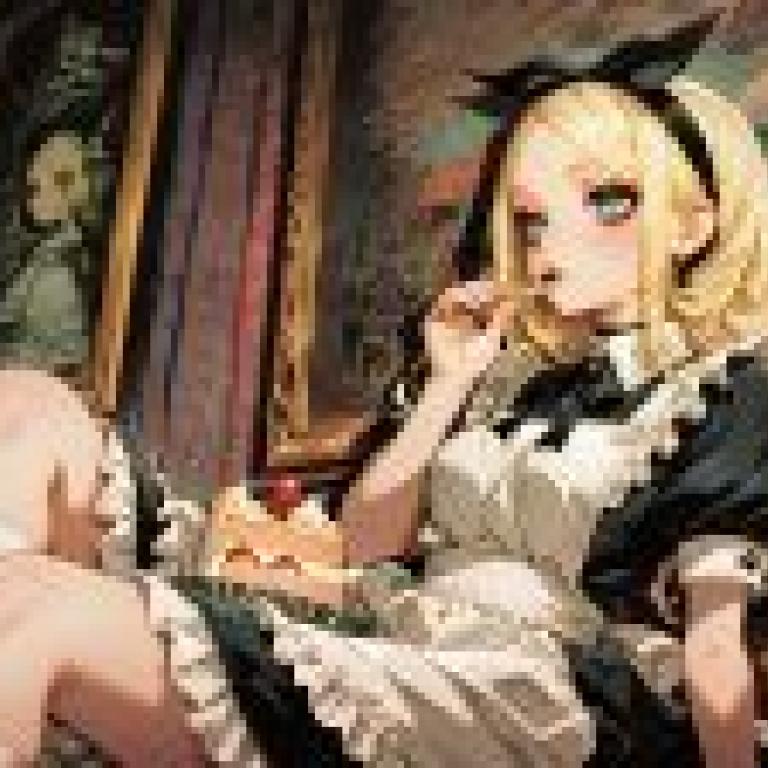 Alice s Dinner，The girl is eating cake.