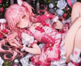 魔法少女花，一個卡通女孩手裡拿著什麼東西，周圍環繞著愛心。