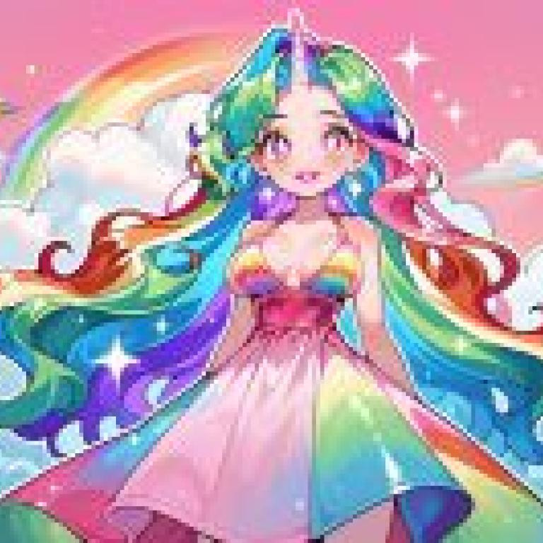 computer wallpaper， rainbow unicorn girl， anime， rainbow hair girl， fantasy journey of colors