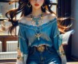 Mobile phone wallpaper， Hanfu， realistic， a model wearing a denim skirt is sitting on a bench.