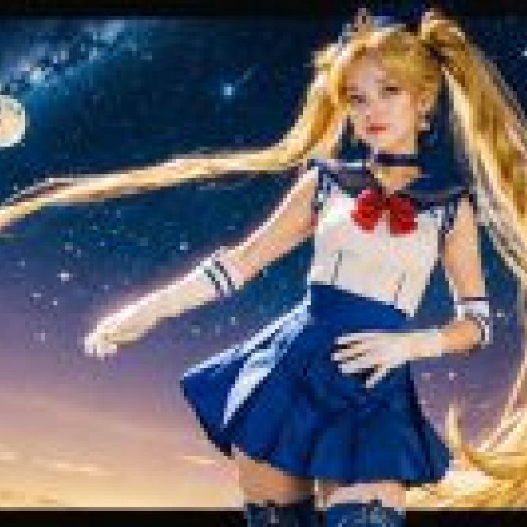 Sailor Moon，A girl with blue hair and a red bow， looking at the camera.