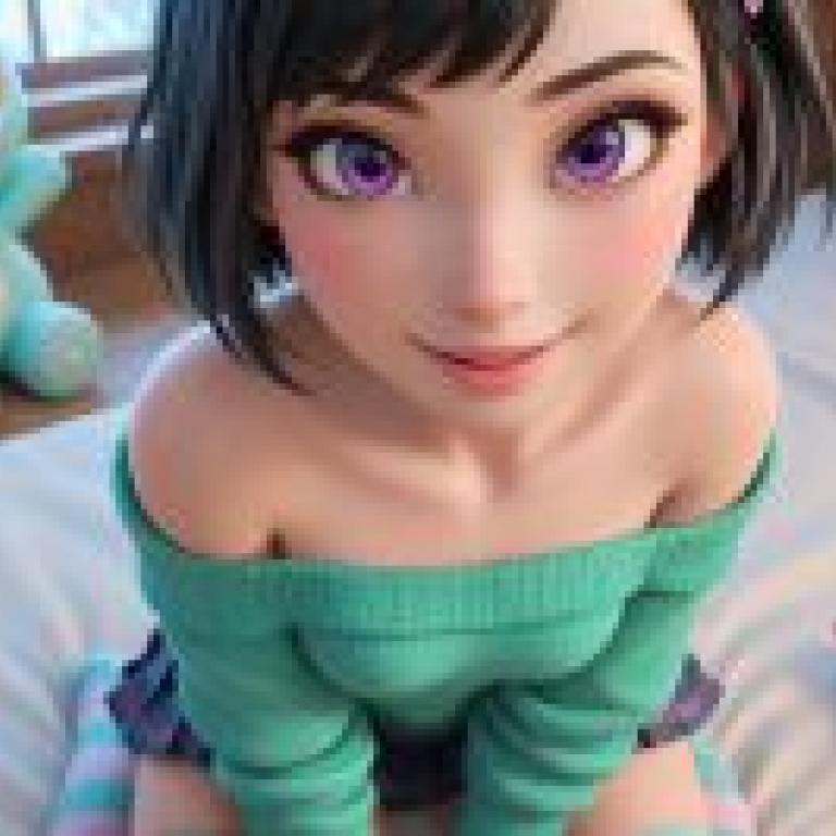 Vanellope von Schweetz，Wreck-It Ralph，Girl wearing a blue sweater sits next to a stuffed animal.