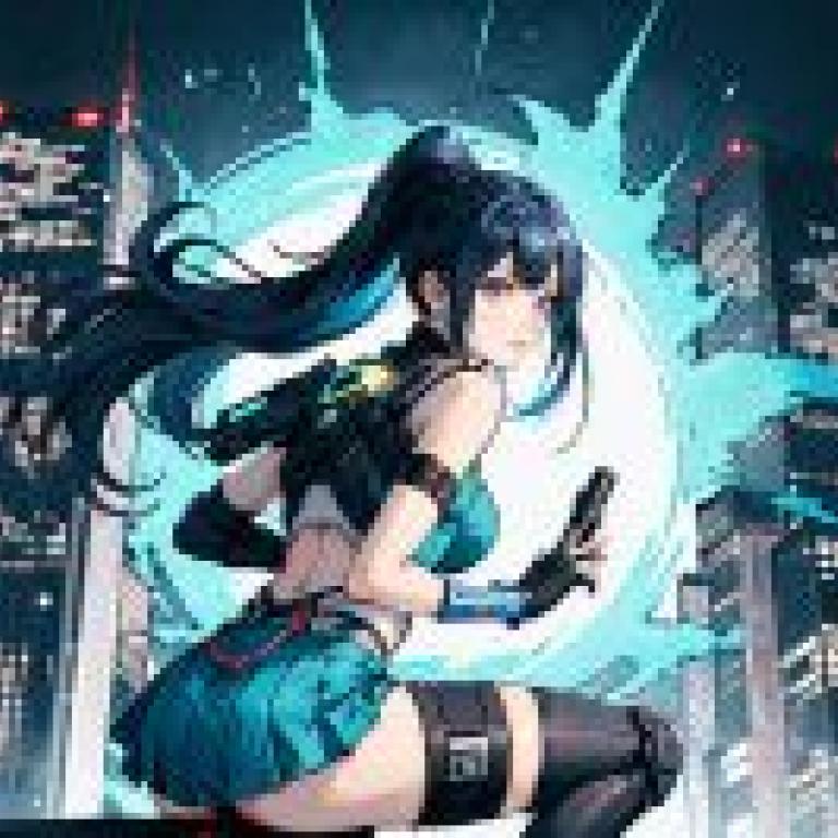 Future Warrior，A blue haired woman with a gun in her right hand.