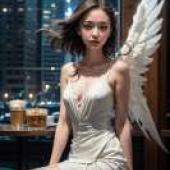 Angelic Phantoms in the City，A girl with wings on the back sitting by a window at night.