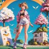 Anime beautiful girl， Fantasy Rainbow Building tablecloth free download