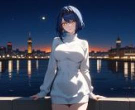 Memories of the past，A woman in front of the skyline at night.