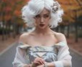 秋天，一位身穿白色洋裝、有著紅色頭髮的女子。