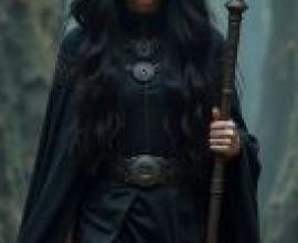 dark witch，Girl in costume with long black hair and a pointy hat.