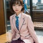 Mobile wallpaper， Sora Takanashi， Sora Kotori， Realistic， Asian girl sitting on a bench with a blue ribbon in her hair and a pink jacket.