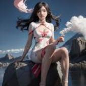 山巒幻影：一個身穿白衣的女孩正在抽煙。