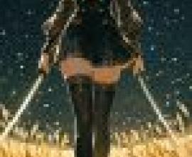 female assassin，A girl with a blonde hair， wearing black dress and walking through wheat grass.