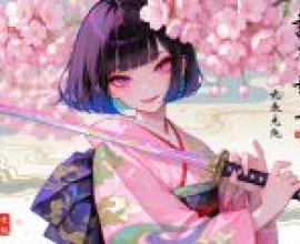 新年櫻花盛開，一位粉紅色頭髮的女子手持寶劍。