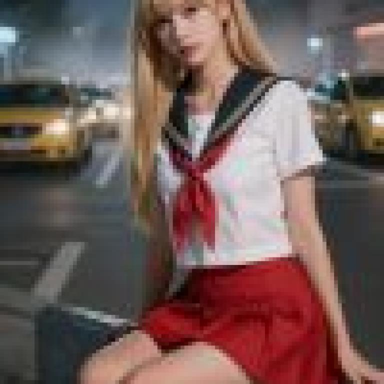 女孩們，一位穿著紅色裙子和白色襯衫的女士。