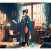 圖書館女孩，一位身穿藍色洋裝、戴著紅色圍巾的女士。