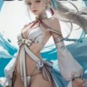 Morgan Le Fay Water Princess，Gentleman looking to the side with blonde hair and blue ribbon in it.