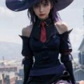 Sienna Merdein Senya，Woman with red scarf on neck and purple hat.