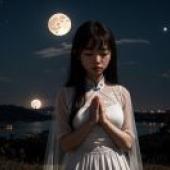 Woman in a White Dress Beneath the Full Moon - Artistic Stock Photography