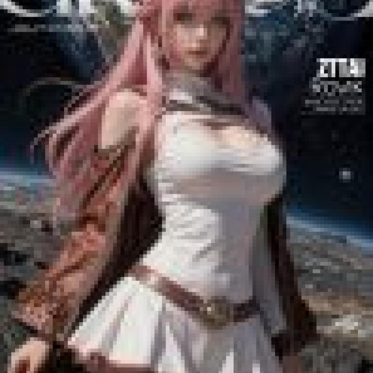 parallel，A girl with pink hair and a white outfit posing in front of a planet.
