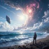 beach，A man stands on the beach in front of an impending storm.