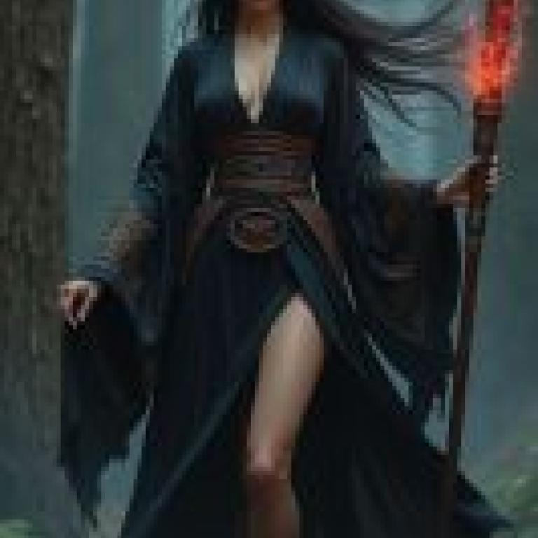 dark witch，森林中，手持法杖的女子。