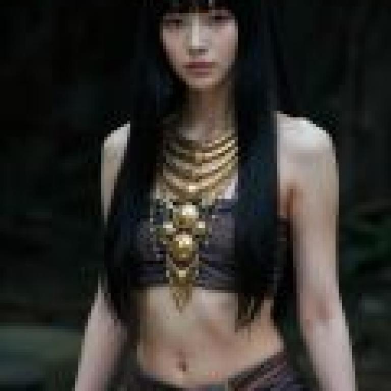 美麗的歷史陰影，身穿比基尼、穿著金色和黑色首飾的女子。