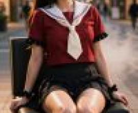 fantasy，Girl wearing a red shirt and sitting on chair.