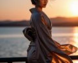 夕陽下的最後告別，一位穿著和服的女子凝望著落日。