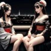 動漫美少女人物，「城市和風夜 - chen Chi與sakimichan的和服畫，夜晚城市天際線的逼真桌布免費分享」