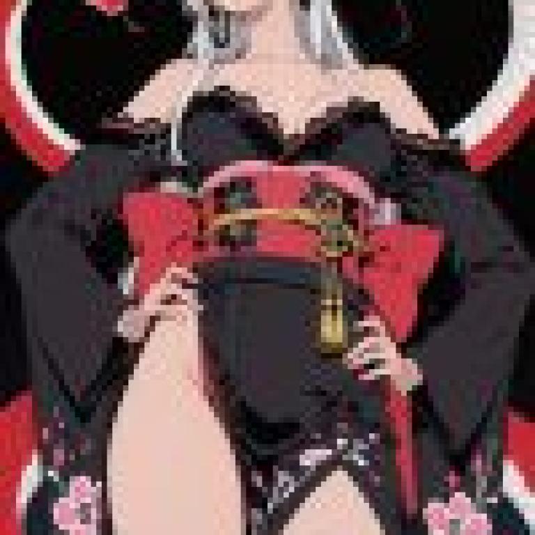 kimono，A woman wearing red and black kimono with gold chain.