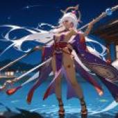 埃及風性感女神，夜空中，一位有著長長的白髮的少女。