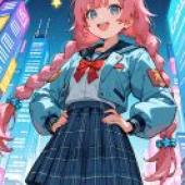 動漫女孩，女孩穿著藍色襯衫和裙子。